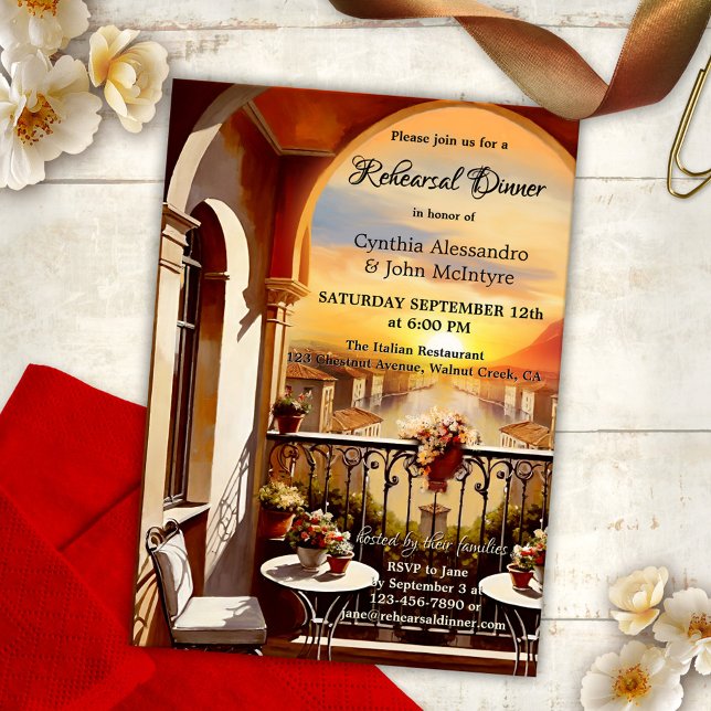 Romantisches italienisches Hochzeitsessen Probe Einladung (A romantic Rehearsal Dinner invitation featuring a fine art painting of an Italian balcony at sunset)