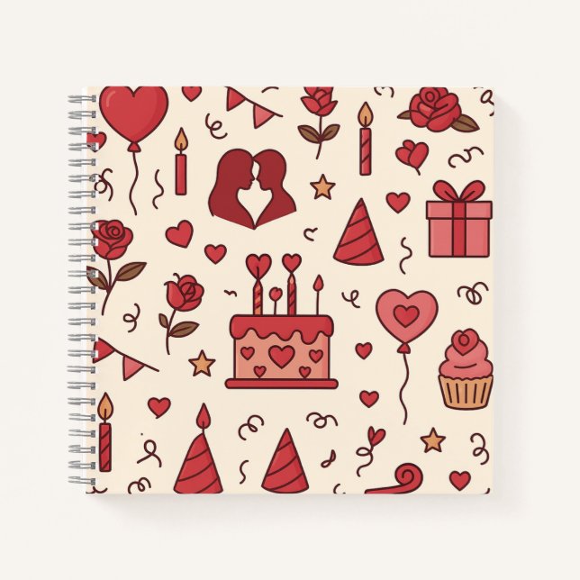 Romantisches Jubiläums-Doodle-Muster Notizbuch (Vorderseite)