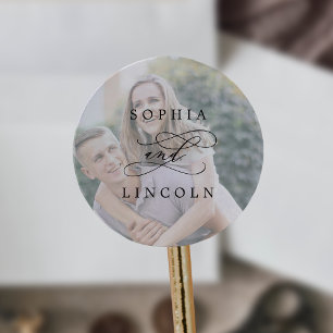 Romantisches kalligrafisches Foto Hochzeiten Umsch Runder Aufkleber