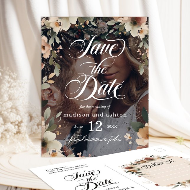 Romantisches Kernflorales Foto Save the Date Ankündigungspostkarte (Postcard Options Make Mailing Fast and Easy!)