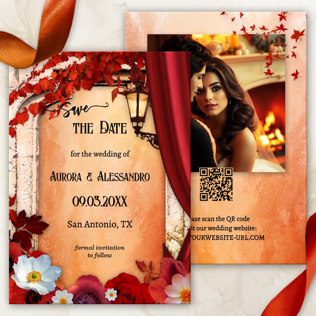 Romantisches klassisches italienisches Fall-Foto S Save The Date (Romantic classic Italian wedding Save the Date card showing a Roman arch with a lantern and flowers)