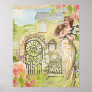 ROMANTISCHES LANDHÄUSCHEN-GARTEN-FRAU IM VINTAGE-S POSTER