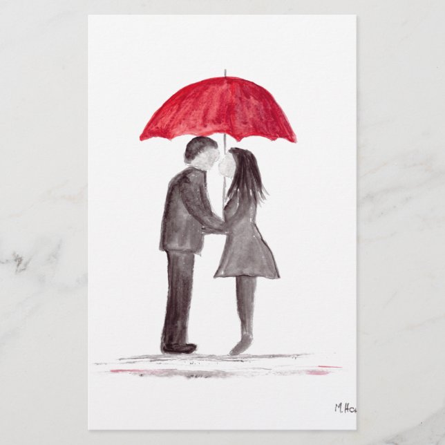 Romantisches Liebe-Paar mit rotem Schirm Briefpapier (Vorderseite)