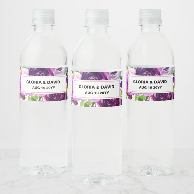 Romantisches lila Blumen Wasserflaschenetikett (Flaschen)