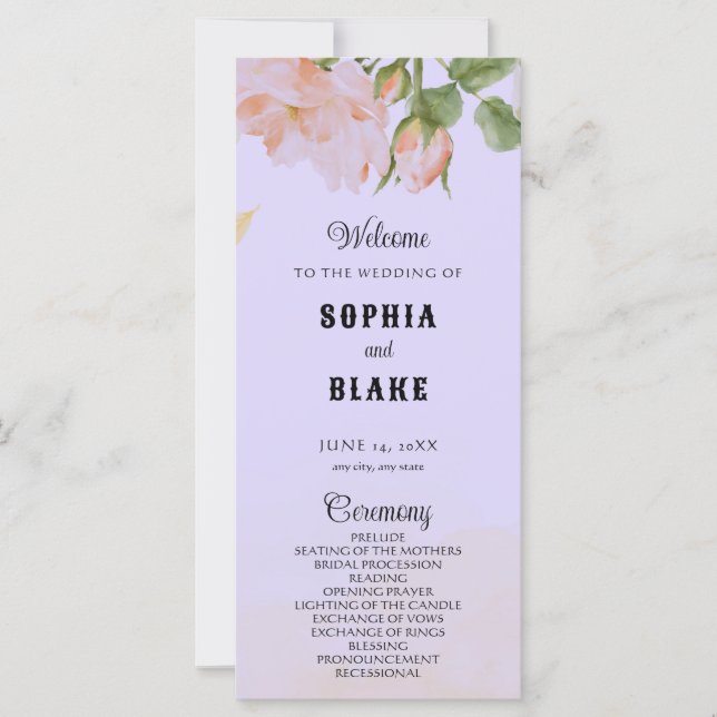 Romantisches Lila Hochzeitsprogramm mit rosa Rosen (Vorderseite)