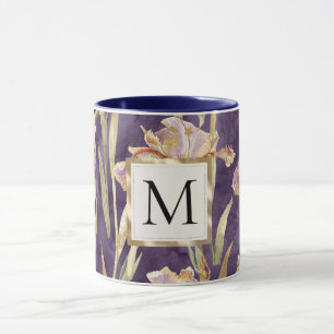 Romantisches lila Iris-Blumen-Gold-Monogramm Tasse