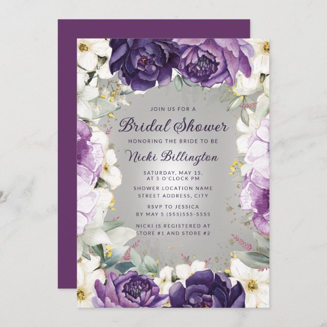 Romantisches Lila Weiß Glitzer Brautparty Einladung (Vorne/Hinten)