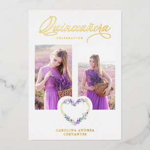 Romantisches Lilac Shades Real Gold Floral Heart F Folieneinladung