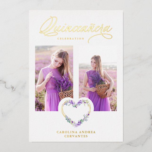Romantisches Lilac Shades Real Gold Floral Heart F Folieneinladung (Vorderseite)