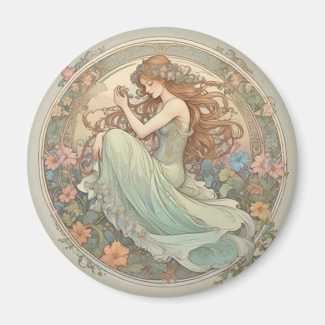 Romantisches Mädchen Mucha-Style-Magnet Magnet (Vorne)