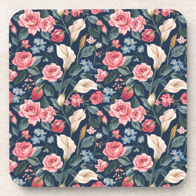 Romantisches Marineblau-Blumenmuster Getränkeuntersetzer (Vorderseite)