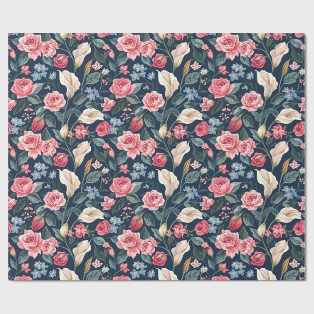 Romantisches marineblaues Blumenmuster Geschenkpapier (Flach)