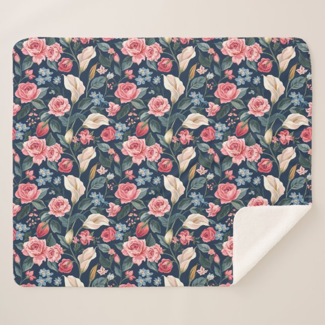 Romantisches Marineblumen-Gartenmuster Sherpadecke (Vorderseite (Horizontal))