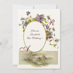 ROMANTISCHES MONOGRAMM / VIOLETTEN, grün violett, Einladung