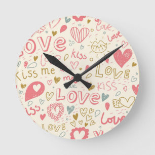 Romantisches Muster mit Herzen und den Lippen Runde Wanduhr