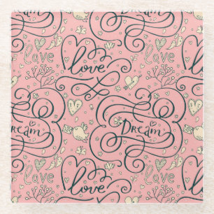 Romantisches Muster mit Herzen und Vögeln Glasuntersetzer