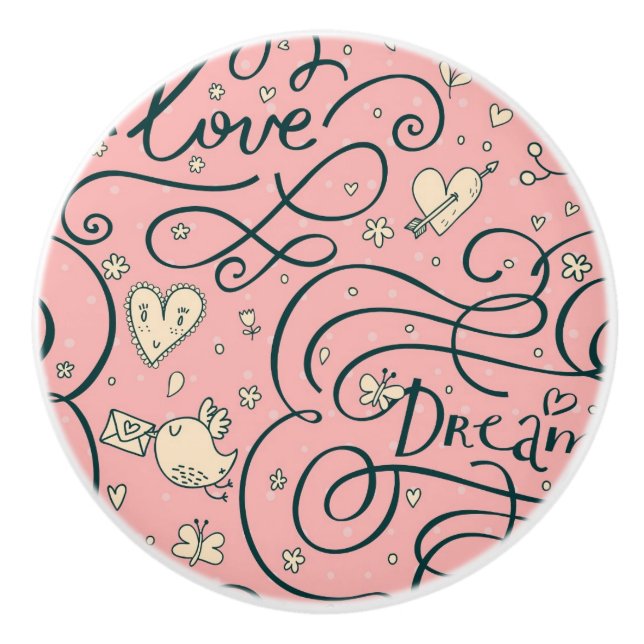 Romantisches Muster mit Herzen und Vögeln Keramikknauf (Vorderseite)