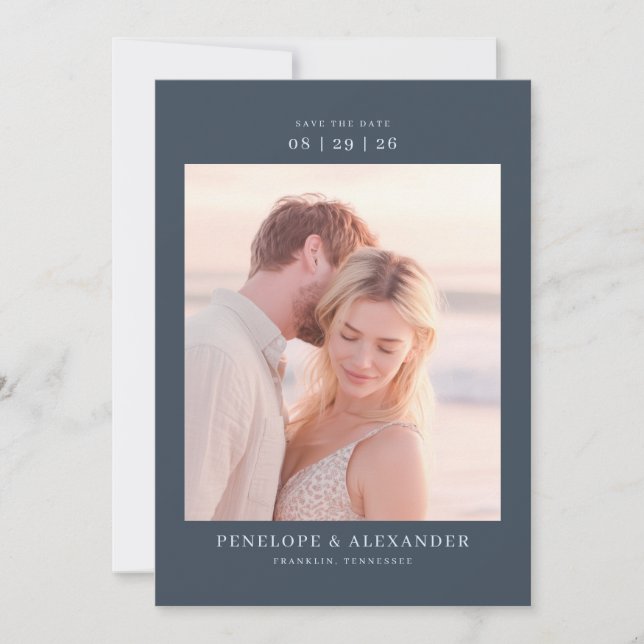 Romantisches Navy-Klassisches Foto Save The Date (Vorderseite)
