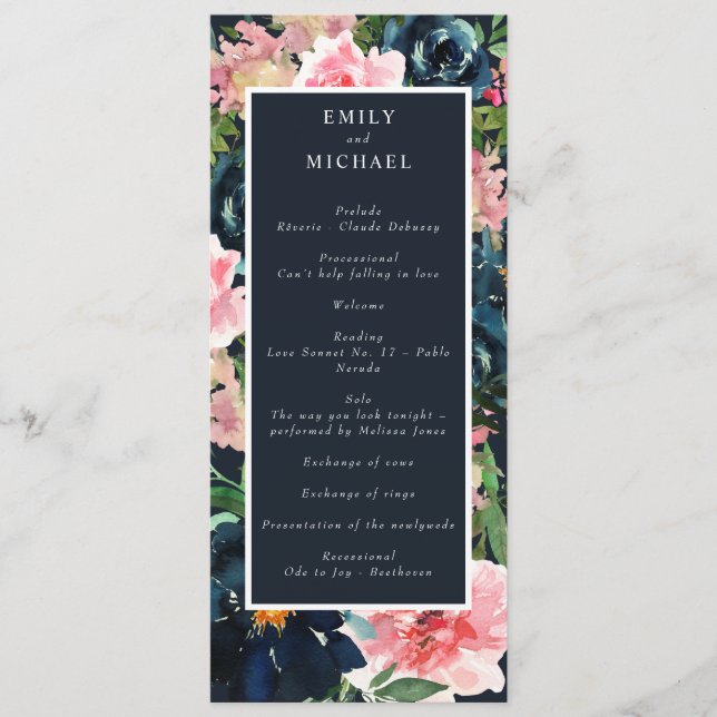 Romantisches Navyblau-Rosa-Blumenmuster Programm (Vorderseite)