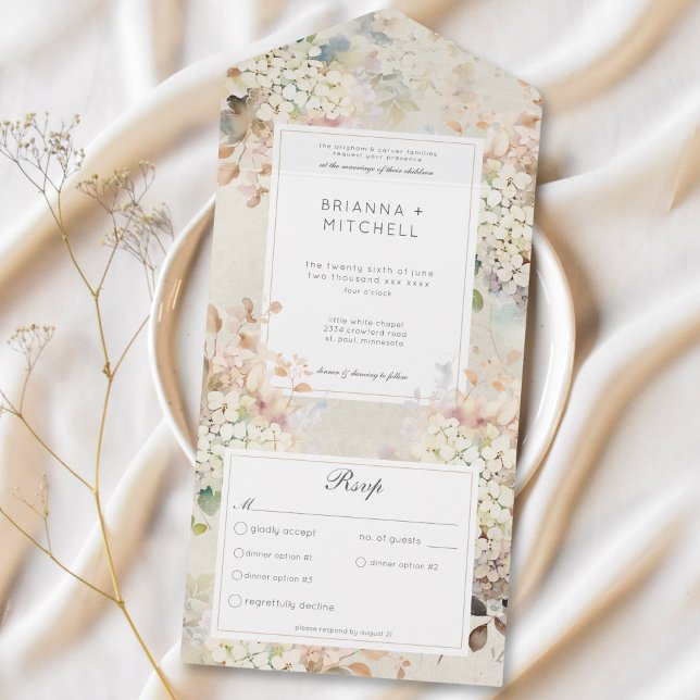 Romantisches neutrales Vintages Hydrangeas-Abendes All In One Einladung (Romantic Neutral Vintage Hydrangeas Dinner All In One Invitation)