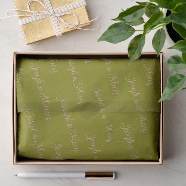 Romantisches Olivgrün und Staubrosen-Script-Hochze Seidenpapier (Geschenk)
