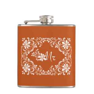 Romantisches Orangefarbenes Shabby Chic Wedding Fl Flachmann