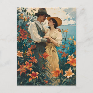 Romantisches Paar auf dem Vintagen Lippenfeld Postkarte