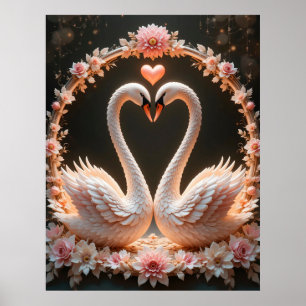 Romantisches Paar eleganter Schwäne inmitten rosa Poster