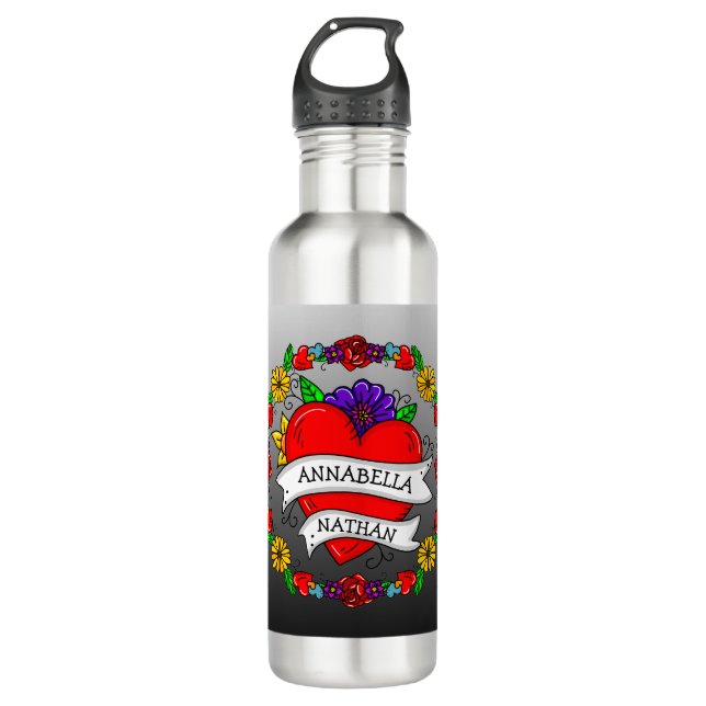 Romantisches Paar-Geschenk | Tattoo Style Art Edelstahlflasche (Vorderseite)