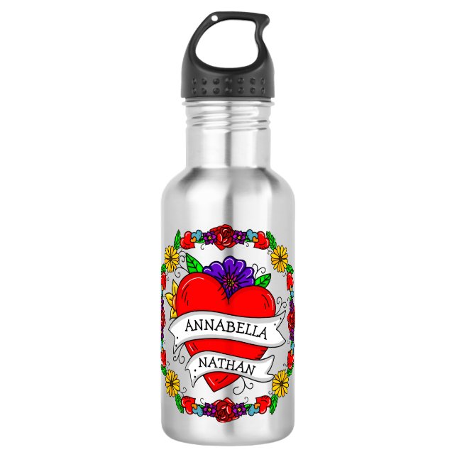 Romantisches Paar-Geschenk | Tattoo Style Art Edelstahlflasche (Vorderseite)
