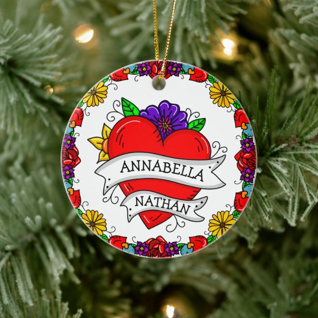 Romantisches Paar-Geschenk | Tattoo Style Art Keramik Ornament (Baum)