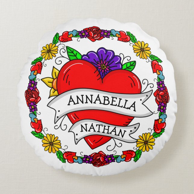 Romantisches Paar-Geschenk | Tattoo Style Art Rundes Kissen (Vorderseite)