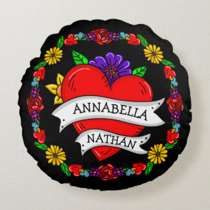 Romantisches Paar-Geschenk   Tattoo Style Art Rundes Kissen