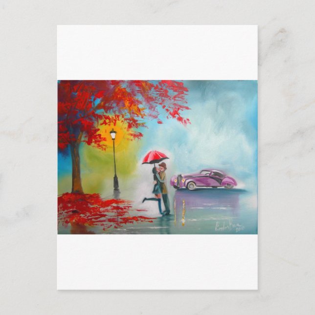 ROMANTISCHES PAAR ROT UMBRELLA POSTKARTE (Vorderseite)