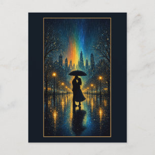 Romantisches Paar unter Regenschirm bei regnerisch Postkarte