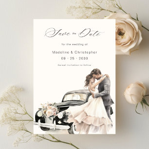 Romantisches Paar Vintage-Auto Hochzeit Termin vor Save The Date