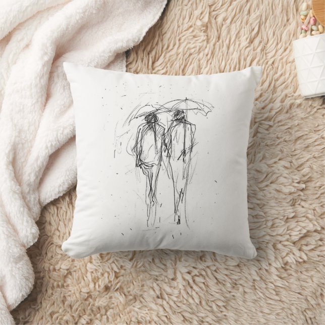 Romantisches Paar Wandern im Regen mit Regenschirm Kissen (Decke)