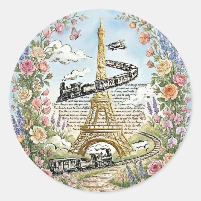 Romantisches Paris, Eiffelturm, französische Kunst Runder Aufkleber (Vorderseite)