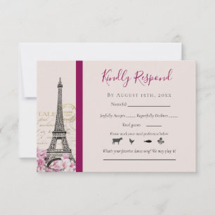 Romantisches Paris Eiffelturm rosa Blüten Burgund RSVP Karte