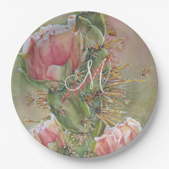 ROMANTISCHES PEAR CACTUS BLUME MONOGRAMM PARTY PAPPTELLER (Vorderseite)