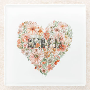 Romantisches Pfirsich-Minz-Blumenherz Glasuntersetzer