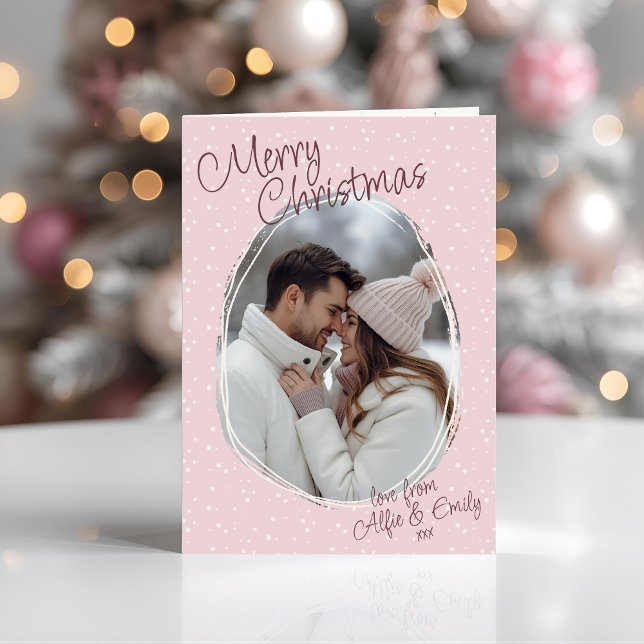Romantisches Pink Doodle Foto Frohe Weihnachten ge (Romantic pink snowy hand drawn Merry Christmas Photo Folded Christmas Card - easily personalised)
