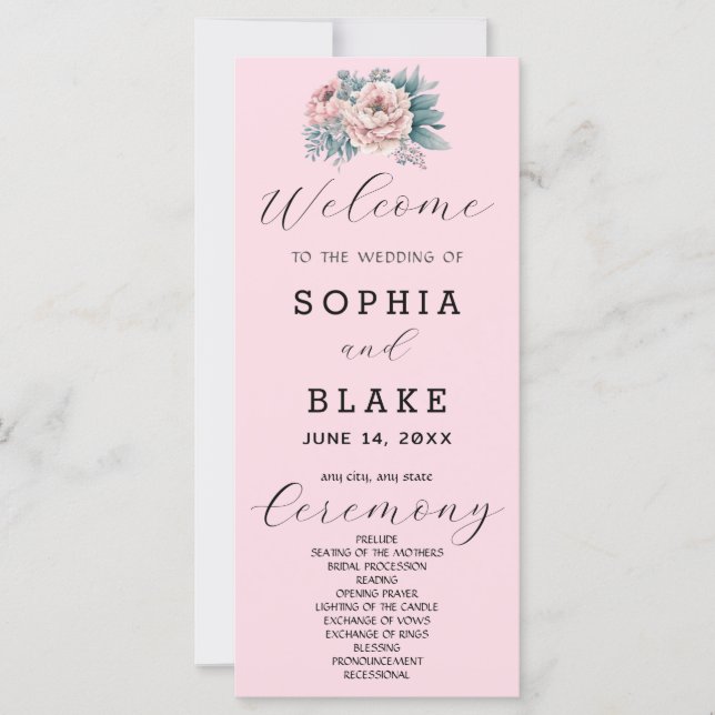 Romantisches Pink Floral Soft Pink Hochzeitsprogra (Vorderseite)