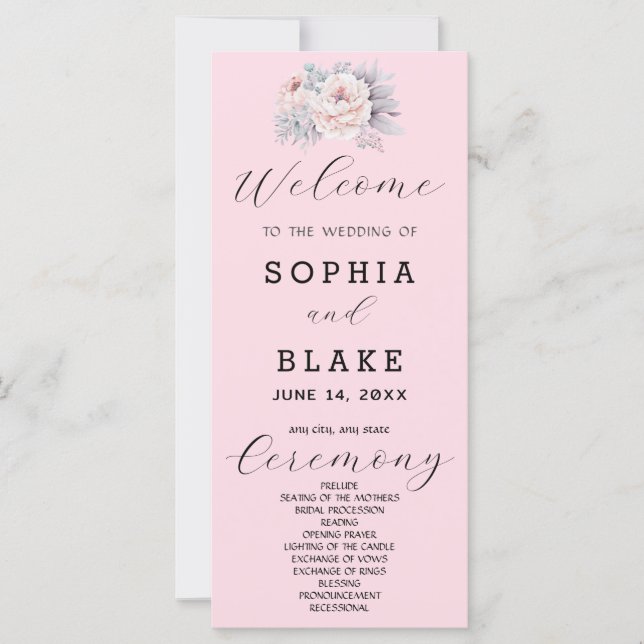 Romantisches Pink Floral Soft Pink Hochzeitsprogra (Vorderseite)