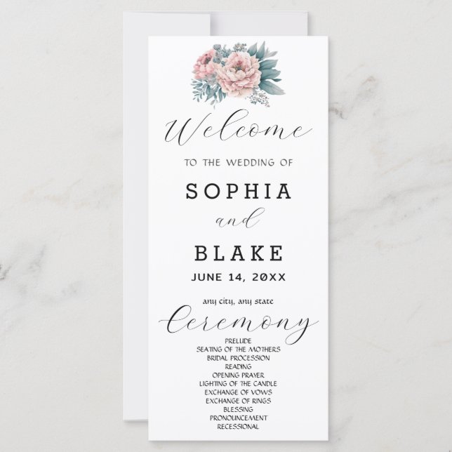Romantisches Pink Floral White Wedding Programm (Vorderseite)