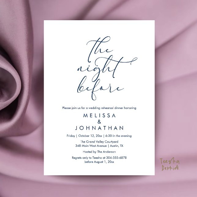 Romantisches Probe-Dinner am Abend vor der Hochzei Einladung (Romantic Wedding Rehearsal Dinner The Night Before Invitation Card in Navy Blue)