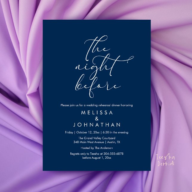 Romantisches Probe-Dinner am Abend vor der Hochzei Einladung (Romantic Wedding Rehearsal Dinner The Night Before Invitation Card in Navy Blue)