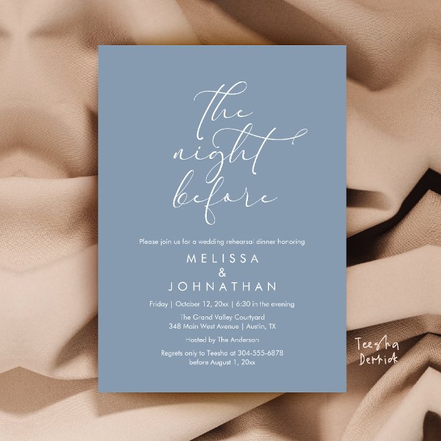 Romantisches Probe-Dinner am Abend vor der Hochzei Einladung (Romantic Wedding Rehearsal Dinner The Night Before Invitation Card in Dusty Blue)