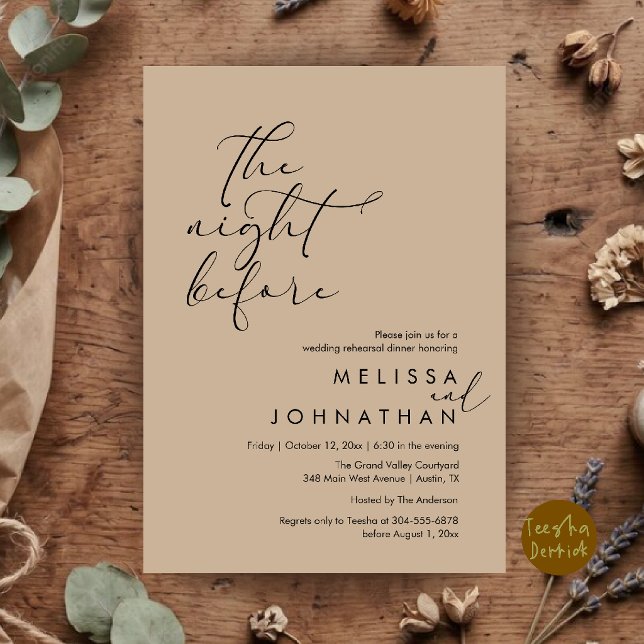 Romantisches Probe-Dinner am Abend vor der Hochzei Einladung (Romantic Wedding Rehearsal Dinner The Night Before Invitation Card in Kraft Tan Brown)
