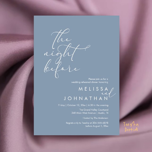 Romantisches Probe-Dinner am Abend vor der Hochzei Einladung (Romantic Wedding Rehearsal Dinner The Night Before Invitation Card in Dusty Blue)